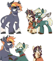 Size: 1300x1496 | Tagged: safe, artist:dbkit, derpibooru import, oc, oc:hightide, oc:juniper jewel, oc:ruth opal, unofficial characters only, cow, bandana, cloven hooves, dirty, female, offspring, parent:braeburn, parent:dumbbell, parent:rainbow dash, parent:rarity, parents:dumbdash, parents:rariburn, shovel, story included