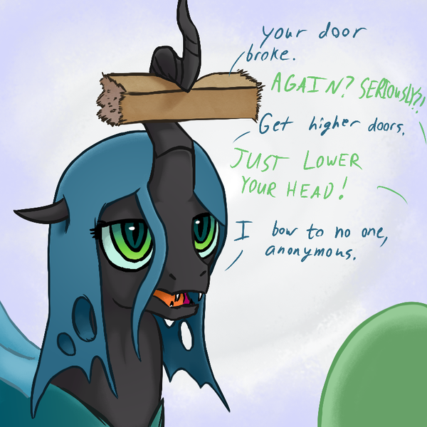 Size: 800x800 | Tagged: artist:adequality, artist:benaspace, artist:whitemaneddragon, collaboration, cute, cutealis, derpibooru import, dialogue, female, funny, oc, oc:anon, open mouth, queen chrysalis, safe, unamused, wood