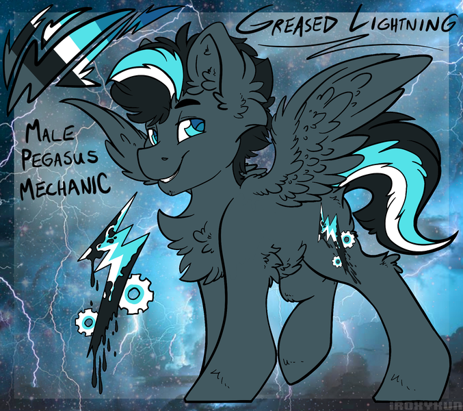 Size: 1872x1660 | Tagged: safe, artist:iroxykun, derpibooru import, oc, oc:greased lightning, unofficial characters only, pegasus, pony, cutie mark, male, reference sheet, solo, stallion, wings