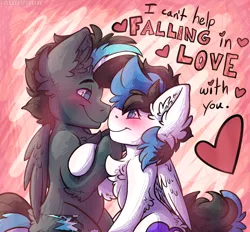 Size: 1744x1621 | Tagged: safe, artist:iroxykun, derpibooru import, oc, oc:frozen soul, oc:greased lightning, unofficial characters only, pegasus, pony, blushing, cute, gay, heart, love, male, music, oc x oc, romance, shipping, smiling, stallion, wings