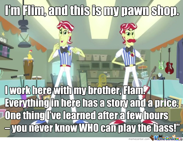 Size: 640x493 | Tagged: safe, artist:super trampoline, derpibooru import, flam, flim, a case for the bass, equestria girls, duo, flim flam brothers, image macro, meme, pawn shop, pawn stars, rick harrison, text