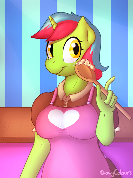 Size: 1200x1600 | Tagged: safe, artist:timidwithapen, derpibooru import, oc, oc:emerald cook, unofficial characters only, anthro, unicorn, apron, breasts, clothes, dress, female, heart, spoon, transgender