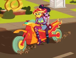 Size: 2300x1764 | Tagged: safe, artist:misstickles, derpibooru import, sci-twi, sunset shimmer, twilight sparkle, equestria girls, friendship games, afternoon, clothes, courtyard, female, glasses, holding on, motorcross, motorcycle, one eye closed, riding, sidewalk, street