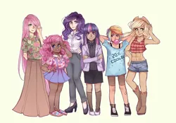 Size: 1024x712 | Tagged: abs, applejack, armpits, artist:liliumena, boots, bubblegum, clothes, derpibooru import, fluttershy, food, gum, high heels, human, humanized, long skirt, mane six, peace sign, pinkie pie, rainbow dash, rarity, safe, shoes, simple background, skirt, twilight sparkle, white background