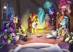 Size: 1984x1417 | Tagged: safe, artist:alasou, deleted from derpibooru, derpibooru import, applejack, fluttershy, pinkie pie, rainbow dash, rarity, spike, starlight glimmer, sunset shimmer, twilight sparkle, twilight sparkle (alicorn), alicorn, pony, unicorn, candle, candlelight, cute, dashabetes, diapinkes, drool, eyes closed, glimmerbetes, jackabetes, magic, mama twilight, mane nine, mane seven, mane six, moon, mouth hold, pillow, prone, raribetes, shimmerbetes, shyabetes, sleeping, sleepover, slumber party, spikabetes, spikelove, sugarcube corner, telekinesis, twiabetes