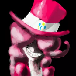 Size: 5000x5000 | Tagged: semi-grimdark, artist:billyggruff, derpibooru import, pinkie pie, equestria girls, absurd resolution, blood, disturbing, grin, hat, humanized, pinkamena diane pie, simple background, smiling, spooky, spoopy, top hat