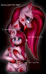 Size: 1024x1657 | Tagged: artist:alliedrawsart, blood, derpibooru import, grimdark, knife, pinkamena diane pie, pinkie pie, solo