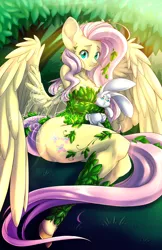 Size: 600x927 | Tagged: angel bunny, anthro, artist:arcadianphoenix, breasts, cleavage, derpibooru import, druid, female, flutterdruid, fluttershy, suggestive, unguligrade anthro, watermark