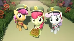 Size: 1920x1080 | Tagged: 28 pranks later, 3d, adorabloom, apple bloom, artist:powdan, cap, clothes, cookie, cute, cutealoo, cutie mark crusaders, derpibooru import, diabetes, diasweetes, filly guides, filly scouts, food, gmod, hat, looking at you, raised hoof, safe, sale, scootaloo, smiling, sweetie belle, weapons-grade cute