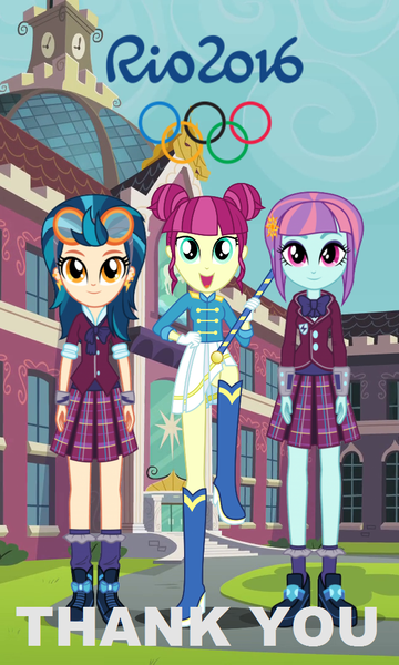 Size: 648x1080 | Tagged: safe, artist:themexicanpunisher, artist:xebck, derpibooru import, indigo zap, majorette, sunny flare, sweeten sour, equestria girls, friendship games, canterlot high, clothes, crystal prep academy, crystal prep academy uniform, crystal prep shadowbolts, ear piercing, goggles, olympic rings, olympics, piercing, pleated skirt, rio 2016, school uniform, skirt, thank you, wondercolts