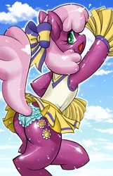 Size: 516x800 | Tagged: suggestive, artist:aoi takayuki, derpibooru import, cheerilee, earth pony, pony, the cart before the ponies, blue underwear, cheerileeder, cheerleader, clothes, female, flowerbutt, frilly underwear, hair bow, looking at you, looking back, looking back at you, mare, panties, panty shot, pleated skirt, plot, pom pom, rear view, skirt, smiling, solo, solo female, sweat, underwear, upskirt, wet