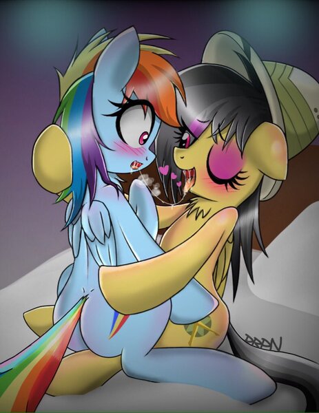 Size: 788x1021 | Tagged: questionable, artist:doriponi, artist:yorozpony, derpibooru import, daring do, rainbow dash, pegasus, pony, blushing, daringdash, drool, drool string, eyeshadow, female, hat, kissing, lesbian, makeup, mare, one eye closed, open mouth, shipping, sloppy kissing, tongue out