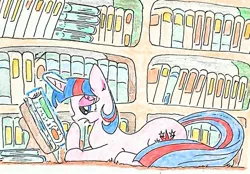 Size: 946x657 | Tagged: artist:hihin1993, book, derpibooru import, library, magic, safe, solo, telekinesis, traditional art, twilight sparkle, yawn