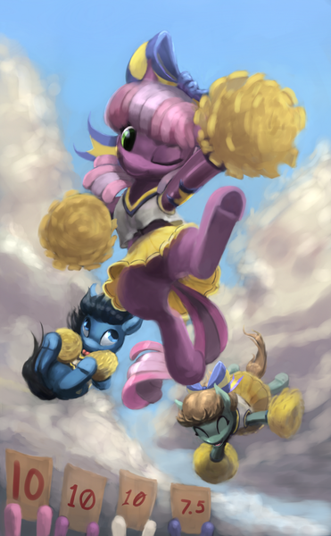 Size: 630x1020 | Tagged: safe, artist:bakuel, derpibooru import, cheerilee, earth pony, pony, the cart before the ponies, cheerileeder, cheerleader, clothes, colt, eyes closed, featureless crotch, female, filly, hair bow, male, mare, one eye closed, pleated skirt, pom pom, score, score cards, skirt, skirt lift, smiling, tongue out, upskirt, wink