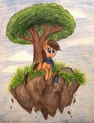 Size: 1064x1384 | Tagged: safe, artist:thefriendlyelephant, derpibooru import, oc, unnamed oc, unofficial characters only, earth pony, pony, birthday gift, clothes, floating island, grass, rock, scarf, sky, surreal, traditional art, tree