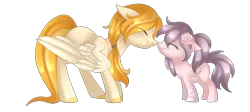 Size: 3995x1784 | Tagged: safe, artist:scarlet-spectrum, derpibooru import, oc, oc:mango, oc:rosie, unofficial characters only, pegasus, pony, :t, boop, commission, cute, duo, eyes closed, female, filly, floppy ears, flower, flower in hair, freckles, mare, noseboop, nuzzling, ponytail, simple background, smiling, transparent background