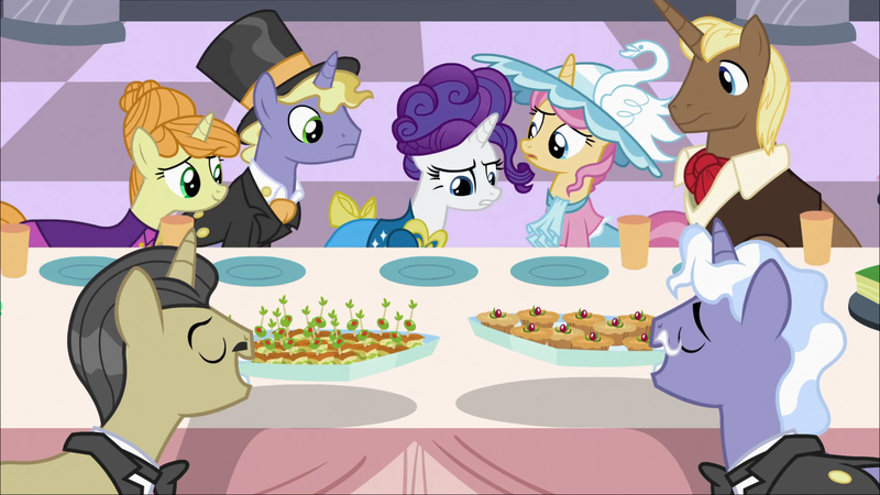 Size: 1920x1080 | Tagged: safe, derpibooru import, screencap, chocolate sun, earl grey, ponet, primrose, pristine, rarity, swan dive, swan song, pony, unicorn, sweet and elite, clothes, female, food, hat, hors d'oeuvre, male, mare, rarity looking at food, stallion, table, top hat, waiter