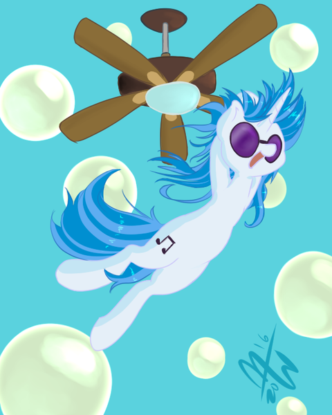 Size: 600x750 | Tagged: artist:malwinters, ceiling fan, derpibooru import, hanging, newbie artist training grounds, open mouth, safe, smiling, solo, swinging, this will end in pain, vinyl scratch
