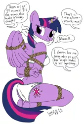 Size: 736x1085 | Tagged: alicorn, anthro, arm behind back, artist:gagman102, artist:limpurtikles, ass, bondage, bound wings, bra, breasts, busty twilight sparkle, clothes, cloth gag, concerned, crop top bra, derpibooru import, female, frilly underwear, gag, horn ring, imminent rape, implied rape, kidnapped, kneeling, magic suppression, muffled moaning, offscreen character, panties, rope, sideboob, simple background, solo, solo female, speech bubble, suggestive, twibutt, twilight sparkle, twilight sparkle (alicorn), underwear, unguligrade anthro, white background, white underwear