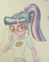 Size: 480x611 | Tagged: safe, artist:dadss_rootbeer, derpibooru import, sci-twi, twilight sparkle, equestria girls, legend of everfree, solo, traditional art