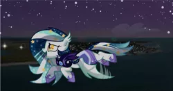 Size: 1409x740 | Tagged: safe, artist:owlity, derpibooru import, oc, oc:wistful galaxy, unofficial characters only, bat pony, pony, armor, night, royal guard, solo