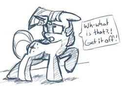 Size: 1233x873 | Tagged: artist:post-it, confused, cross-eyed, cute, derpibooru import, floppy ears, frown, horn impalement, monochrome, qt, raised hoof, safe, scared, sketch, solo, sticky note, twiabetes, twilight sparkle, wide eyes