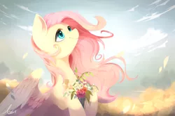 Size: 4950x3300 | Tagged: safe, artist:haidiannotes, derpibooru import, fluttershy, pegasus, pony, beautiful, bouquet, cloud, cloudy, colored pupils, cute, female, flower, high res, hoof hold, lidded eyes, looking up, mare, petals, pretty, shyabetes, signature, sky, smiling, solo, spread wings, wind, windswept mane