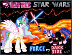 Size: 1408x1075 | Tagged: safe, artist:rammzblood, derpibooru import, princess celestia, twilight sparkle, twilight sparkle (alicorn), alicorn, pony, anakin skywalker, crossover, dark side, lava, lightsaber, obi wan kenobi, revenge of the sith, star wars, twilight is anakin, weapon