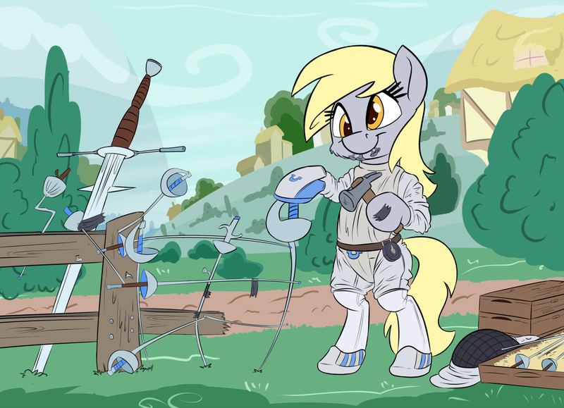 Size: 1280x926 | Tagged: safe, artist:discorded, artist:pirill, derpibooru import, derpy hooves, pony, bipedal, clothes, fencing, newbie artist training grounds, ponyville, pun, solo, sword, weapon, zweihander