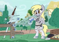Size: 1280x926 | Tagged: safe, artist:discorded, artist:pirill, derpibooru import, derpy hooves, pony, bipedal, clothes, fencing, newbie artist training grounds, ponyville, pun, solo, sword, weapon, zweihander