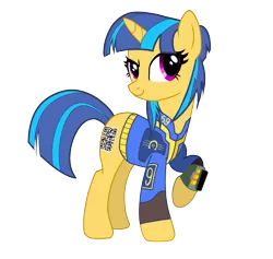 Size: 2071x1963 | Tagged: safe, artist:elmutanto, derpibooru import, oc, oc:sparkplug, unofficial characters only, pony, unicorn, fallout equestria, fallout equestria: crimson tide, pipbuck, stable-tec, vault suit