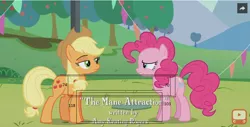 Size: 884x449 | Tagged: safe, derpibooru import, screencap, applejack, pinkie pie, pony, the mane attraction, body types, height, height difference, height scale, tall