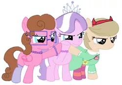 Size: 1111x781 | Tagged: artist:thefanficfanpony, clothes, costume, derpibooru import, diamond tiara, oc, oc:crescendo hearts, oc:vital sparkle, safe, star butterfly, star vs the forces of evil