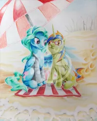 Size: 797x1002 | Tagged: safe, artist:zene, derpibooru import, oc, oc:petal breeze, oc:storm spark, unofficial characters only, alicorn, pegasus, pony, alicorn oc, beach, glasses, hug, mother, son, traditional art, water, watermark, winghug