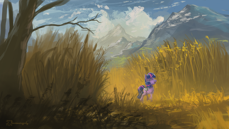 Size: 1920x1080 | Tagged: dead source, safe, artist:shamanguli, derpibooru import, smarty pants, twilight sparkle, unicorn, atg 2016, field, filly, mountain, newbie artist training grounds, scenery, solo, unicorn twilight, younger