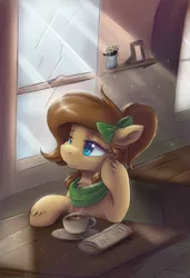 Size: 3900x5700 | Tagged: safe, artist:ardail, derpibooru import, oc, oc:mocha latte, unofficial characters only, pony, absurd resolution, clothes, crepuscular rays, cup, cute, female, food, hot chocolate, mare, morning ponies, newspaper, plate, scarf, smiling, solo