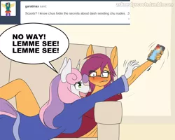 Size: 2500x2000 | Tagged: anthro, artist:silverfox057, ask, ask nerdy scootaloo, blushing, censored, clothes, derpibooru import, glasses, implied lesbian, implied rainbow dash, nerd, scootaloo, suggestive, sweetie belle, t-shirt, tumblr
