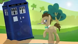 Size: 3478x1957 | Tagged: safe, artist:shutterflyeqd, derpibooru import, doctor whooves, time turner, pony, doctor who, lidded eyes, looking at you, male, mouth hold, necktie, raised hoof, signature, sonic screwdriver, stallion, tardis