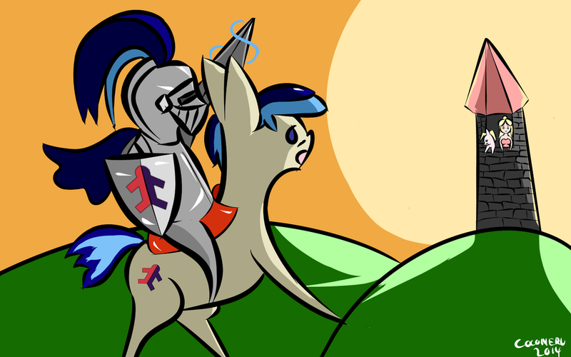 Size: 1024x640 | Tagged: safe, artist:coconeru, derpibooru import, oc, oc:treforce, unofficial characters only, human, pony, fantasy class, humans riding ponies, knight, knight rescues the princess, princess, riding, self ponidox, tower, warrior