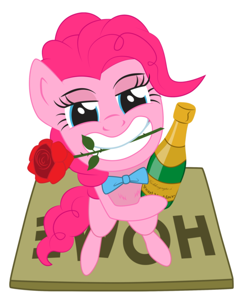 Size: 2000x2500 | Tagged: artist:hotkinkajou, artist:lalieri, bowtie, champagne, derpibooru import, doormat, flower, flower in mouth, grin, mouth hold, pinkie pie, safe, simple background, smiling, solo, standing, transparent background, vector