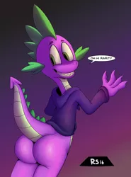 Size: 1296x1749 | Tagged: suggestive, artist:randolfsparks, derpibooru import, rarity, spike, adult spike, ass, bottomless, butt, clothes, cute, dialogue, dragonbutt, fat ass, from behind, hoodie, male, nudity, older, older spike, shipping, smiling, solo, solo male, sparity, straight