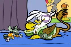 Size: 1920x1280 | Tagged: safe, artist:joeywaggoner, derpibooru import, gilda, oc, oc:mochrie the mock turtle, gryphon, alice in wonderland, bathrobe, clothes, commission, dashie slippers, gilda slippers, mochrie slippers, mock turtle, robe, slippers, tank slippers