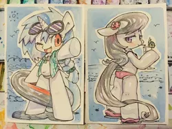 Size: 2048x1536 | Tagged: suggestive, artist:mosamosa_n, derpibooru import, octavia melody, vinyl scratch, beverage, bikini, clothes, life ring, scratchtavia, swimsuit, traditional art, watercolor painting