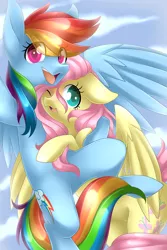 Size: 3000x4500 | Tagged: safe, artist:scarlet-spectrum, derpibooru import, fluttershy, rainbow dash, pegasus, pony, absurd resolution, arm around neck, cloud, colored pupils, cute, dashabetes, eye clipping through hair, female, floppy ears, flutterdash, flying, hug, lesbian, mare, one eye closed, open mouth, selfie, shipping, shyabetes, sky, smiling, spread wings, wings