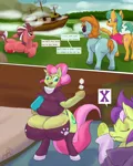 Size: 1280x1603 | Tagged: questionable, artist:hell ray, derpibooru import, snails, snips, oc, oc:saggitha slap, oc:tails, oc:zippy doo, earth pony, pony, unicorn, comic:heads and tails, airship, bed, bipedal, board game, bra, bucktooth, chubby, clothes, comic, crotchboobs, crotchbra, dice, eyes closed, female, freckles, glitter shell, grandmother, impossibly large crotchboobs, long tail, male, mare, nudity, older, pajamas, plot, quintet, socks, speech bubble, stallion, sunglasses, text, the ass was fat, underwear, wide hips