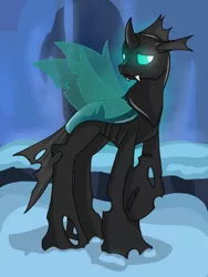 Size: 1536x2048 | Tagged: artist:draconic-vulcano, changeling, cute, derpibooru import, fangs, glowing eyes, lidded eyes, raised hoof, safe, shy, smiling, snow, solo, the times they are a changeling, thorax