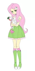 Size: 1500x3000 | Tagged: safe, artist:jud, derpibooru import, angel bunny, fluttershy, butterfly, rabbit, equestria girls, boots, carrot, clothes, cute, female, food, high heel boots, looking at you, shirt, shyabetes, simple background, skirt, smiling, socks, tanktop, white background
