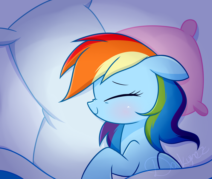 Size: 2600x2200 | Tagged: safe, artist:darkynez, derpibooru import, rainbow dash, pegasus, pony, bed, blushing, cute, dashabetes, eyes closed, female, floppy ears, hug, mare, pillow, scrunchy face, sleeping, smiling, solo