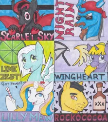 Size: 1067x1200 | Tagged: safe, artist:michael thompson, derpibooru import, oc, oc:lilly mew, oc:lime zest, oc:nightrain, oc:rockococoa, oc:scarlet sky, oc:wingheart, unofficial characters only, bat pony, changeling, earth pony, pegasus, pony, unicorn, badge, bronycan, con badge, cute, nightmare, traditional art