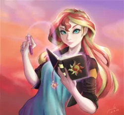 Size: 858x800 | Tagged: safe, artist:the-park, derpibooru import, sunset shimmer, human, equestria girls, clothes, female, human coloration, humanized, looking at you, magic book, signature, smiling, smirk, solo